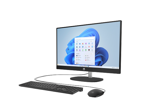 23C1-INTEL OPP HP 24 inch All-in-One Desktop PC JetBlack T NT HAS CheddarGouda Win11 CoreSet FrontLeft WhiteBG