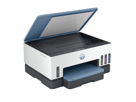 HP Smart Tank 725 All-in-one Dark Surf Blue Coreset FrontRight OpenLid