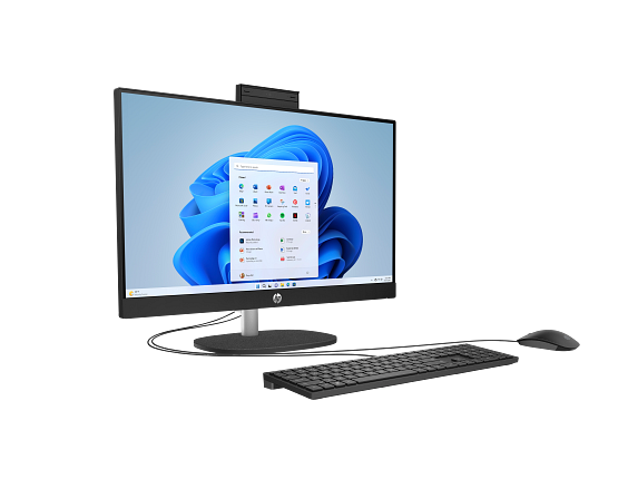 23C1-INTEL OPP HP 24 inch All-in-One Desktop PC JetBlack T NT HAS CheddarGouda CoreSet Win11 FrontRight CamUp WhiteBG