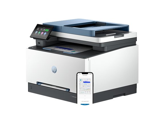 HP Color Laserjet Pro MFP 3300 Dark Surf Blue Packaging FrontLeft facing with phone