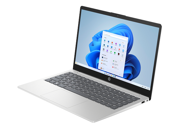 23C1 AMD OPP HP 14 inch Laptop PC FFPlusPlus WLAN NaturalSilver NT HDcam nonFPR nonODD BackLit Win11 CoreSet FrontLeft WhiteBG