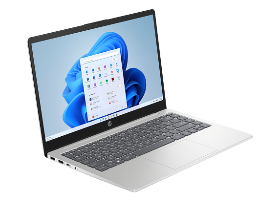 23C1 AMD OPP HP 14 inch Laptop PC FFPlusPlus WLAN NaturalSilver NT HDcam nonFPR nonODD BackLit Win11 CoreSet FrontRight WhiteBG