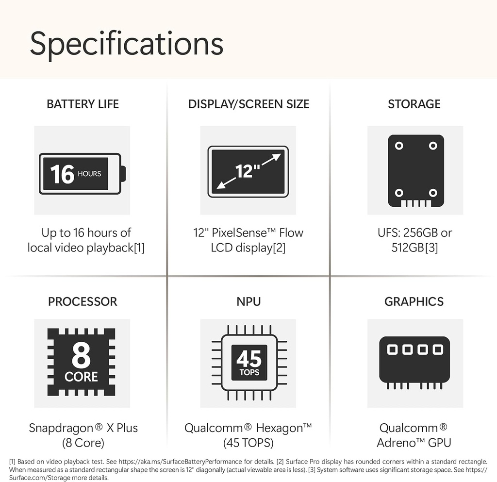 Microsoft Surface Pro 2-in-1 Laptop/Tablet (2025), Windows 11 Copilot+ PC, 12" Touchscreen Display, Snapdragon X Plus (8 Core), 16GB RAM, 256GB Storage, Platinum