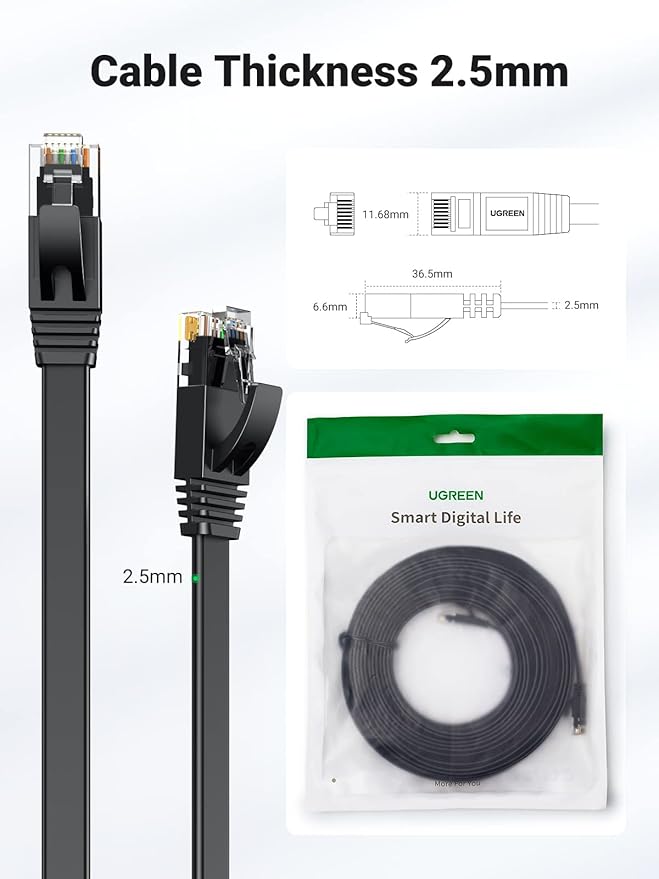 UGREEN  50178  Cat 6 U/UTP Lan Flat Cable 10m (Black)