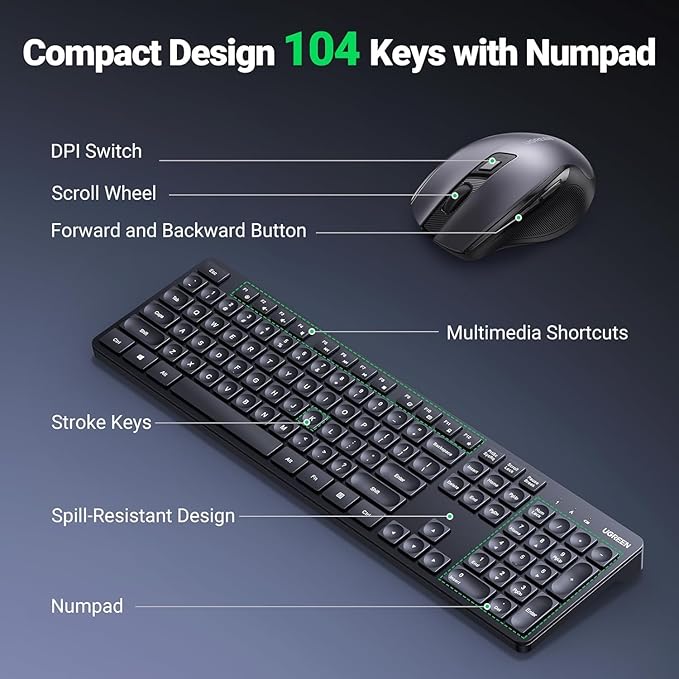 UGREEN MK006 Wireless Keyboard & Mouse -Black - 45248EG