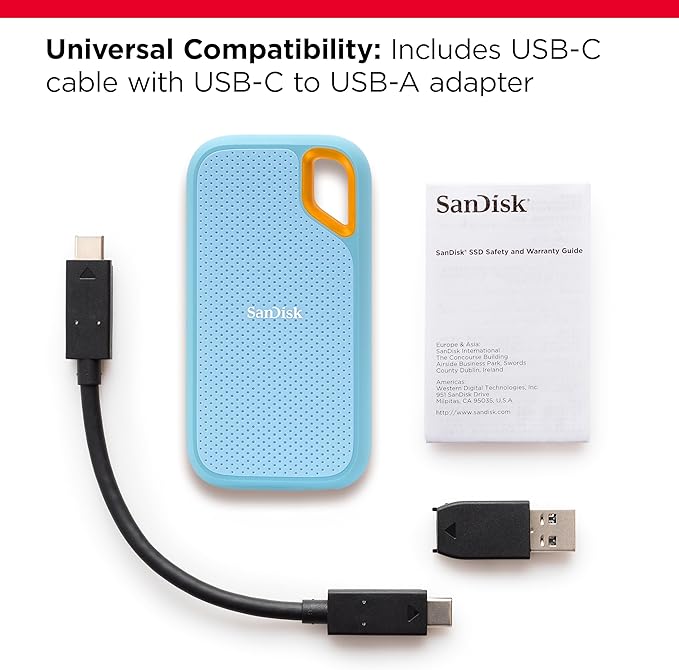 SanDisk Extreme 1TB Portable SSD - up to 1050MB/s Read and 1000MB/s Write Speeds, USB 3.2 Gen 2, IP 65 resistance and 3-meter drop protection-SDSSDE61-1T00-G25