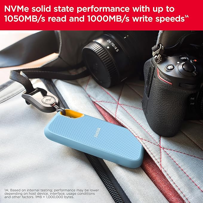 SanDisk Extreme 1TB Portable SSD - up to 1050MB/s Read and 1000MB/s Write Speeds, USB 3.2 Gen 2, IP 65 resistance and 3-meter drop protection-SDSSDE61-1T00-G25