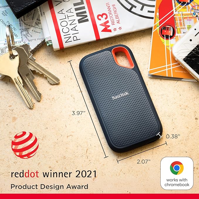 SanDisk Extreme 2TB Portable SSD - up to 1050MB/s Read and 1000MB/s Write Speeds, USB 3.2 Gen 2, IP 65 resistance and 3-meter drop protection