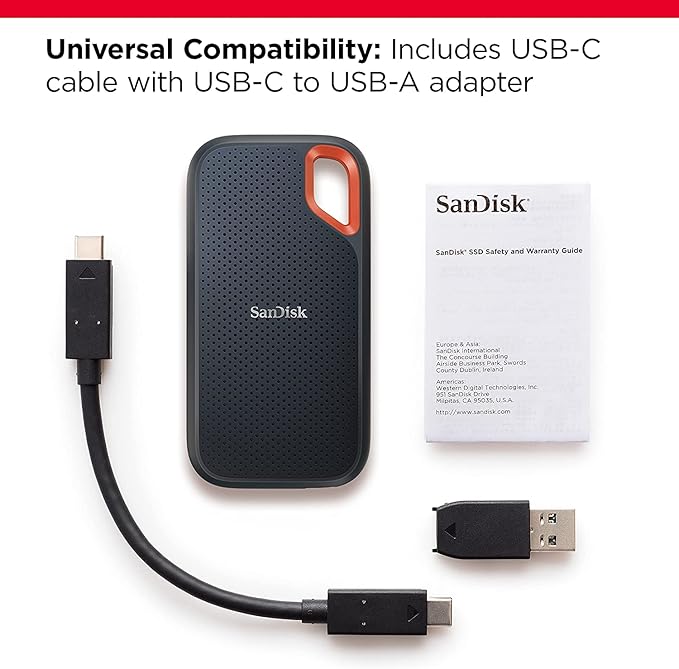 SanDisk Extreme 2TB Portable SSD - up to 1050MB/s Read and 1000MB/s Write Speeds, USB 3.2 Gen 2, IP 65 resistance and 3-meter drop protection