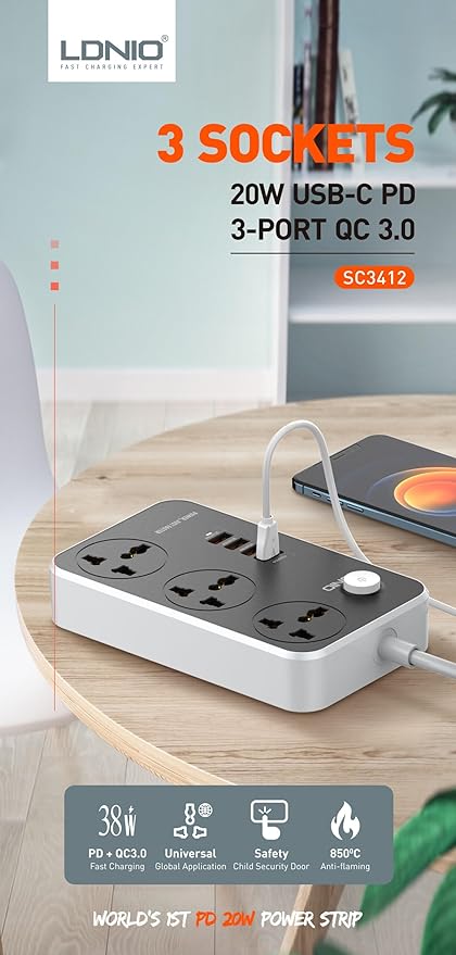 LDNIO 3 POWER SOCKET+USB-C-SC3412