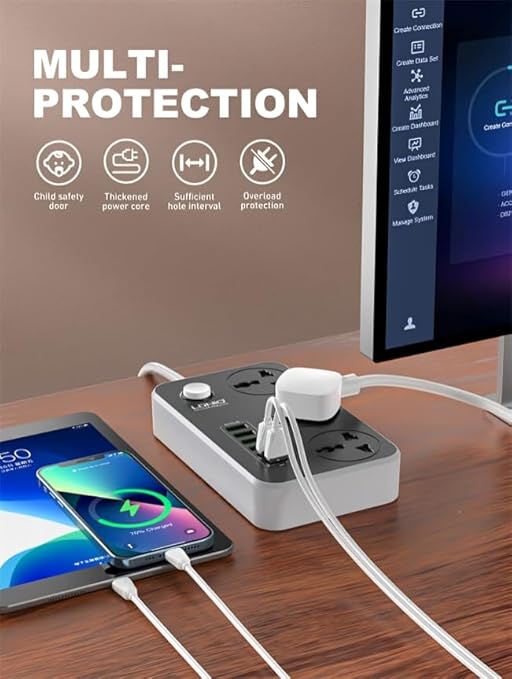 Ldnio Extension Sockets 3 Way 6USB 2M 2500W 10A 