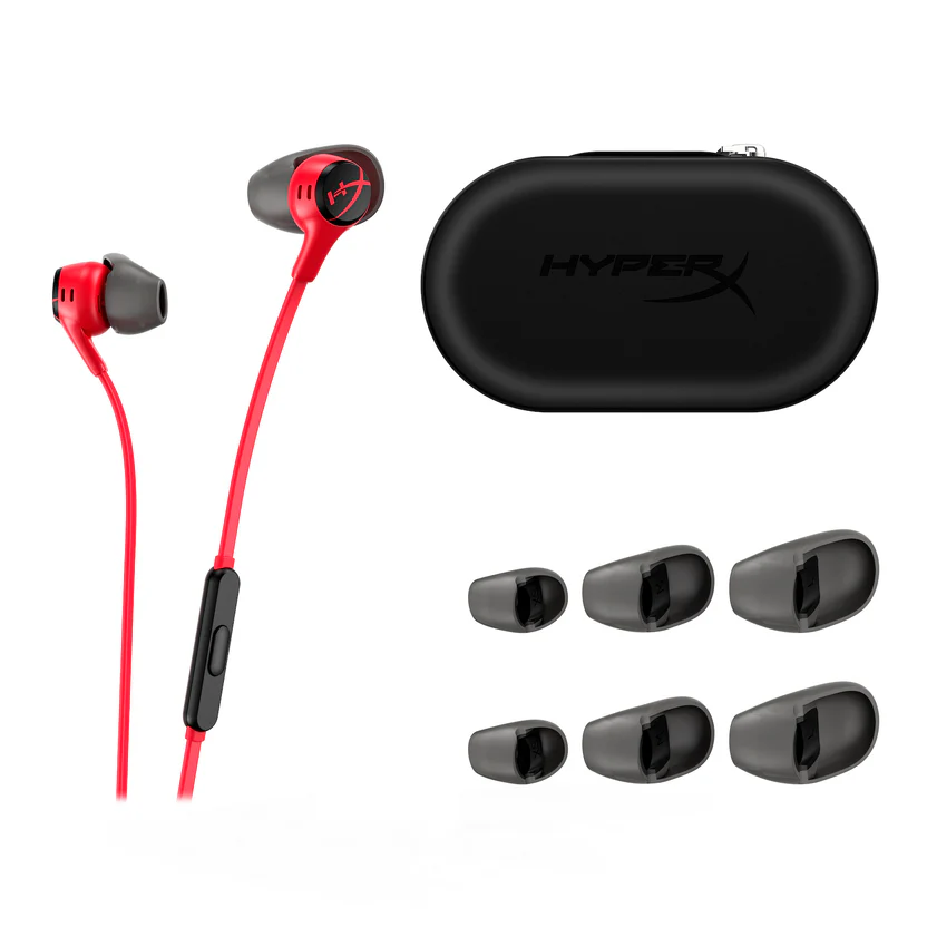 HyperX Cloud Earbuds II: Wired, 20Hz-20kHz frequency, 105dBSPL, omni-directional mic, compatible with PC, mobile, Nintendo Switch, includes hard case and 1.31yd cable