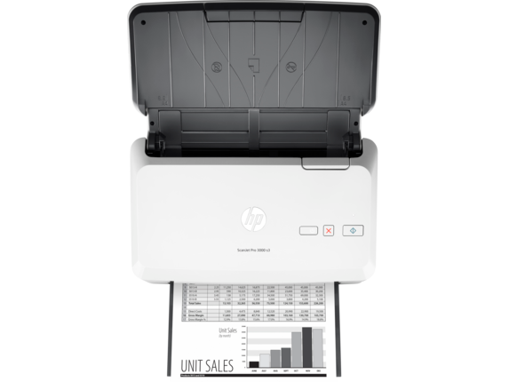 HP ScanJet Pro 3000 s3 sheet-feed Scanner, Top view, with output