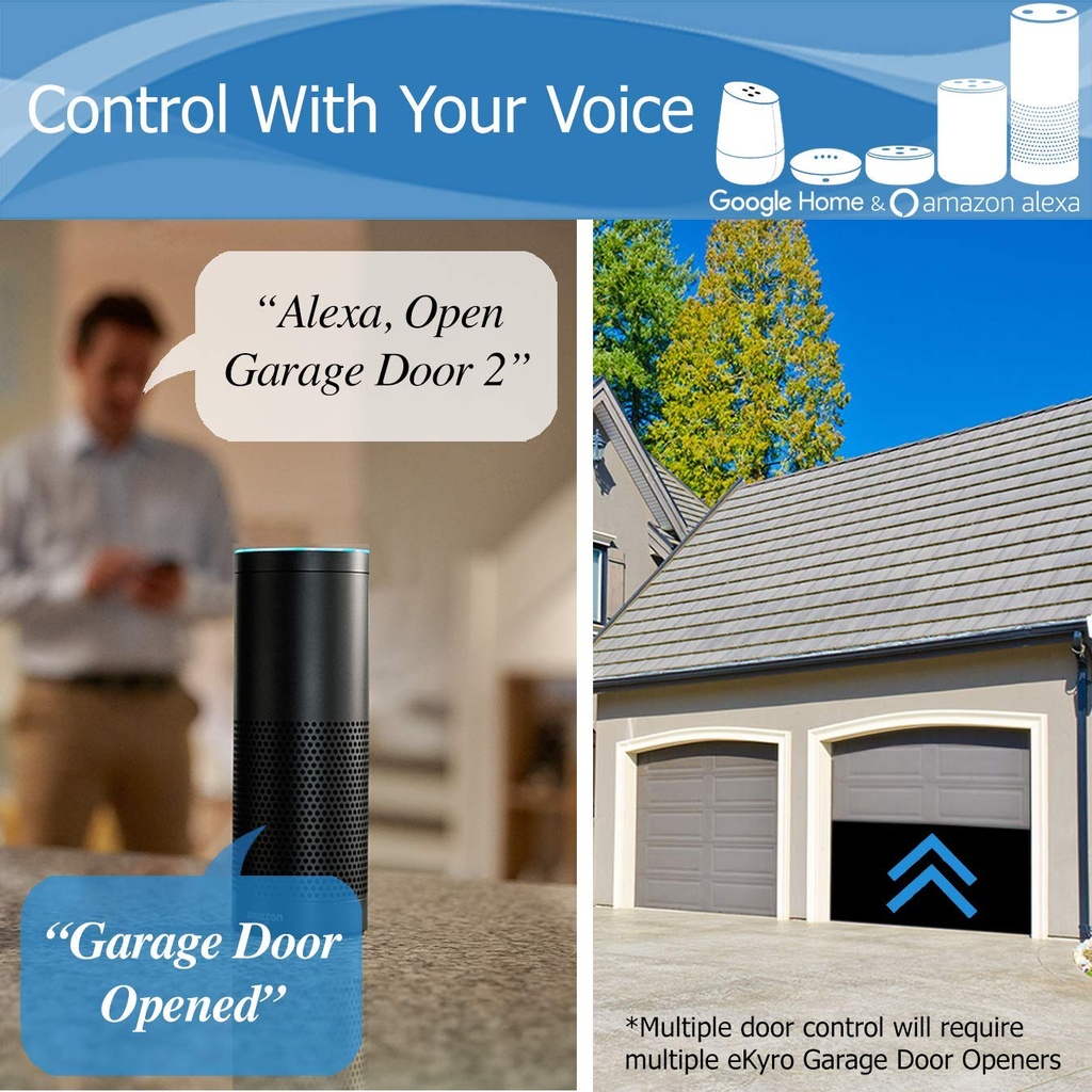 eKyro Smart Garage Door Opener - Universal WiFi Remote Controller Compatible with Alexa, Google Home, iPhone, Siri, Android, Door Left Open Alert, Door Security Systems
