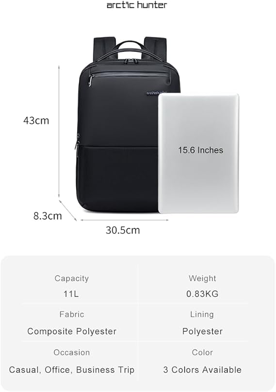Arctic Hunter Slim Laptop Backpack – Stylish Premium Lightweight Business 16L Laptop 15.6-inch Laptop – Water Resistant Backpack for Men Women – Daily Office College Commuting – B00681- Black