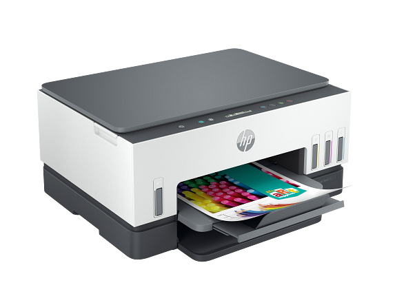 HP Smart Tank 670 Light Basalt Right facing with output
