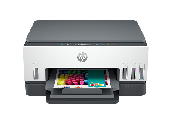 HP Smart Tank 670 Light Basalt Front facing with output