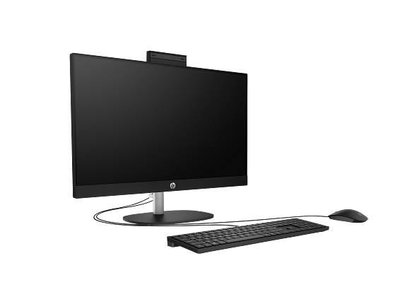 23C1-INTEL OPP HP 24 inch All-in-One Desktop PC JetBlack T NT Fixed CheddarGouda CoreSet FrontRight CamUp GreyBG
