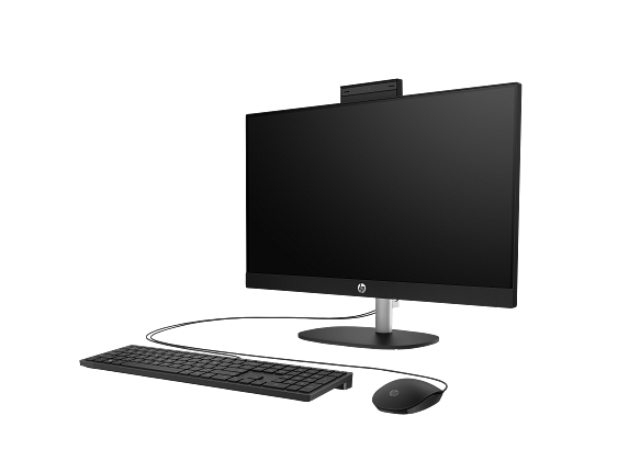 23C1-INTEL OPP HP 24 inch All-in-One Desktop PC JetBlack T NT Fixed CheddarGouda CoreSet FrontLeft CamUp GreyBG