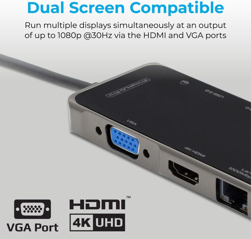 Promate 11-in-1 USB-C™ Adapter with HDMI, 100W PD, 4 USB Ports, AUX, VGA, RJ45, SD/TF Slot, PrimeHub-Pro