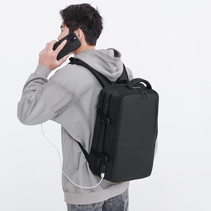Rahala- RA1904-Black Casual Laptop Travel Bag, Waterproof Backpack with USB Charging Port for Men an