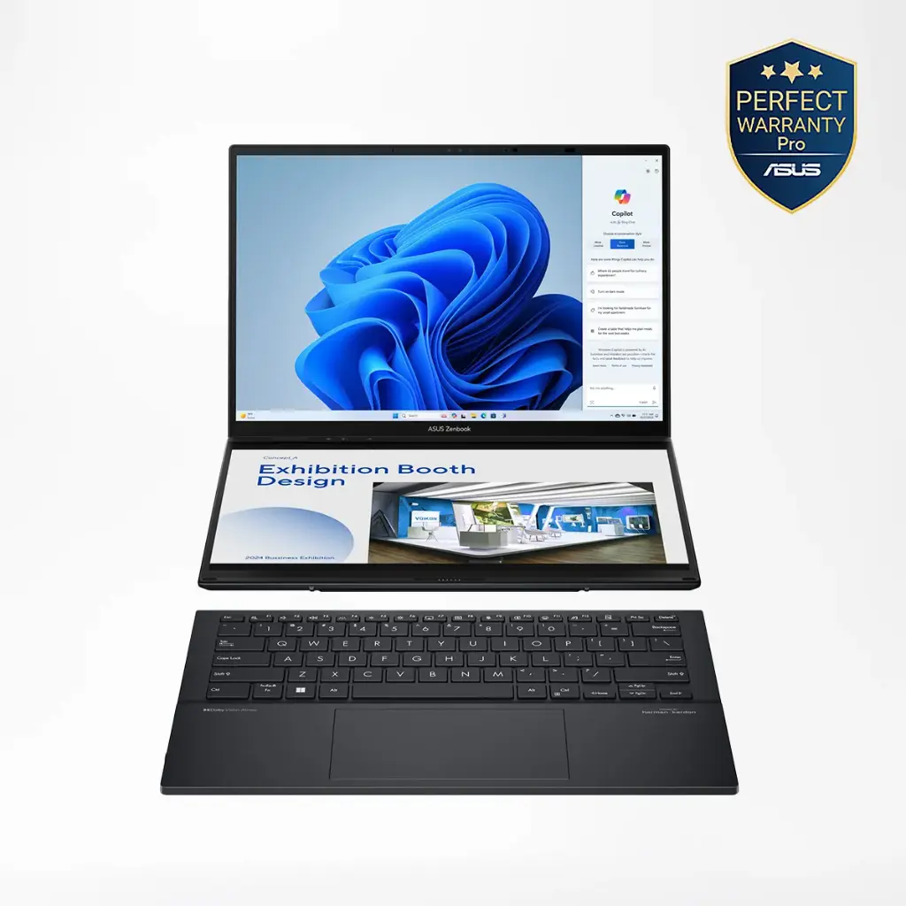 ASUS Zenbook Duo UX8406CA-OLED009WS Laptop (90NB14X1-M009L0) – 14" Dual 3K OLED Touch Displays – Intel® Core™ Ultra 9 285H – 32GB LPDDR5x RAM – 2TB SSD – Windows 11 Home – Inkwell Gray – Includes Sleeve