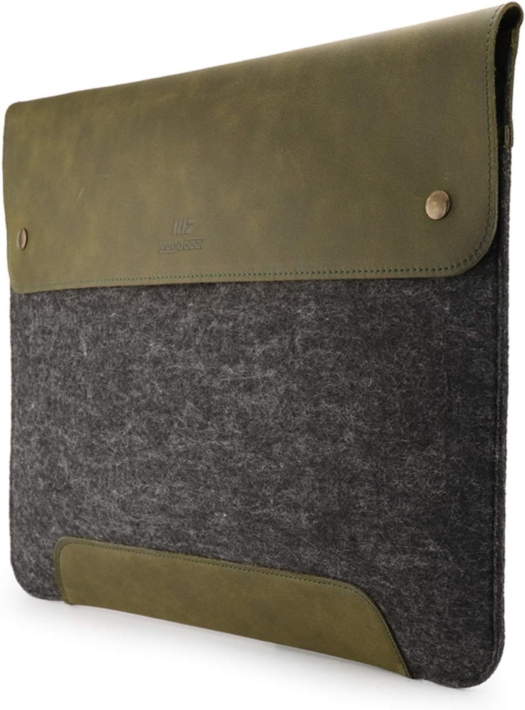 MegaGear Genuine Leather and Fleece MacBook Bag Laptop Sleeve for 13 - 13.3 inch (Green x Grey)