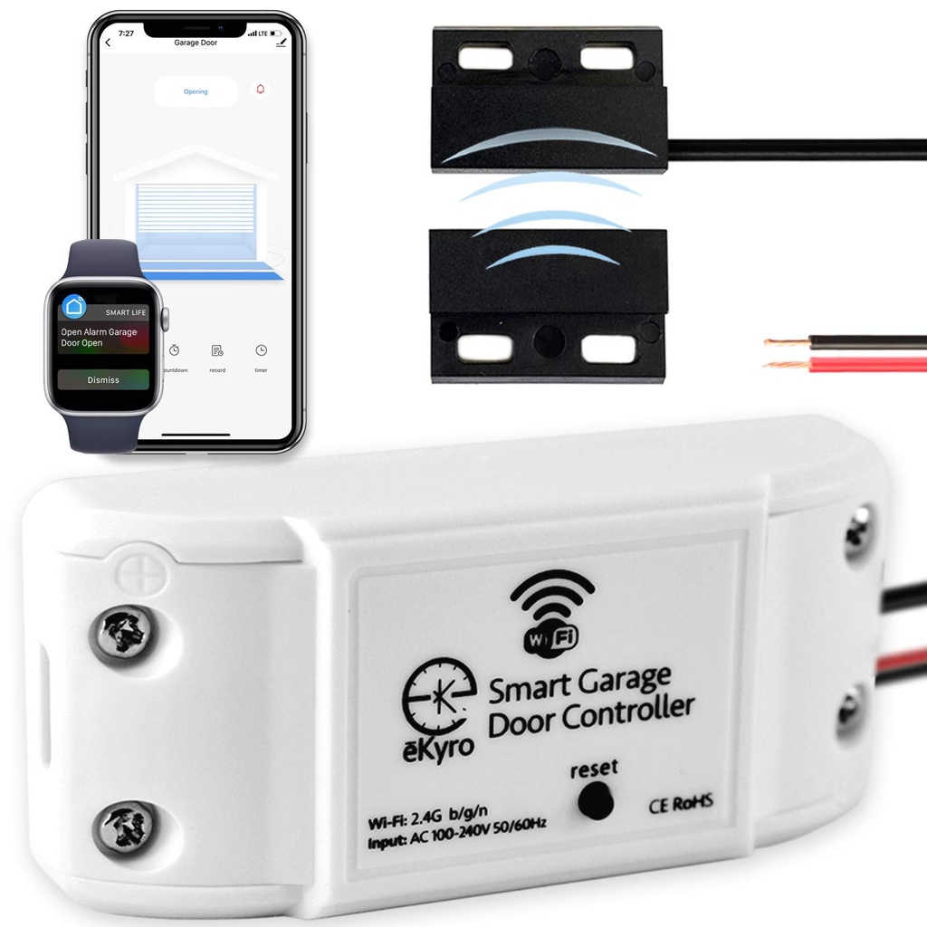 eKyro Smart Garage Door Opener - Universal WiFi Remote Controller Compatible with Alexa, Google Home, iPhone, Siri, Android, Door Left Open Alert, Door Security Systems
