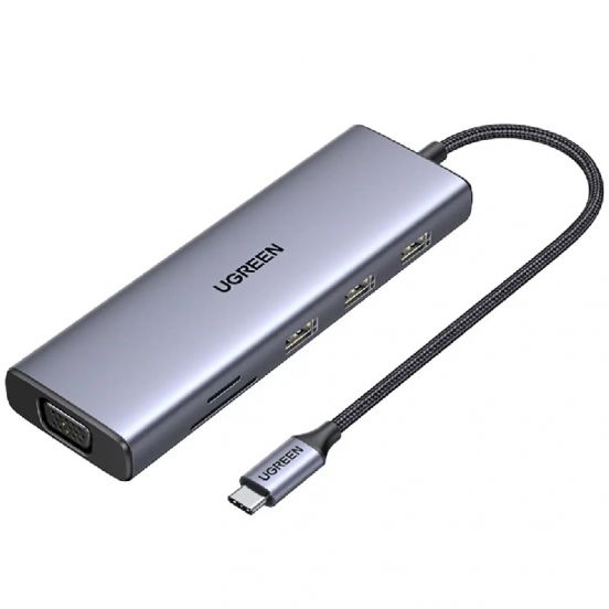 Ugreen-Hub-9 in 1-Type C TO 3* USB-3 +VGA +HDMI 4K+PD 100W+SD/TF-15600 CM498