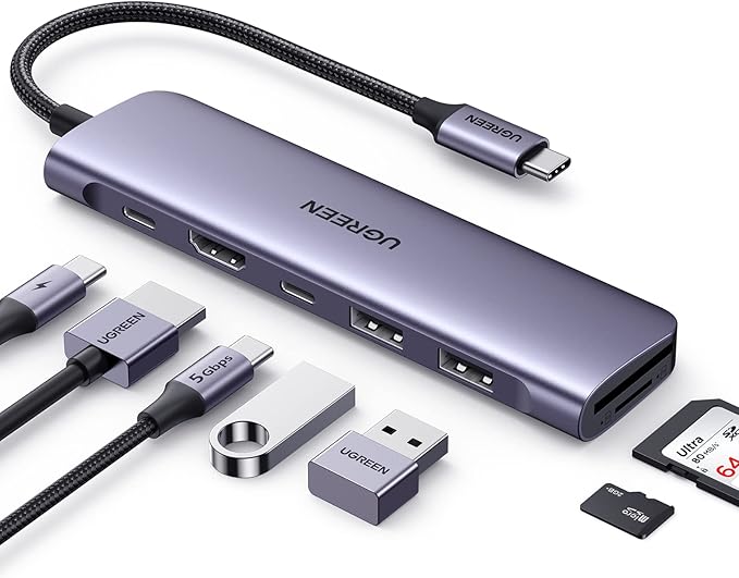 UGREEN USB C Hub 7-in-1, 5 Gbps USB-C Hub with 4K HDMI, 100W Power Delivery, USB-C and 2 USB-A Data Ports, SD/TF Card Reader, Multiport Adapter for MacBook Air iPad Pro and More Type C Devices
